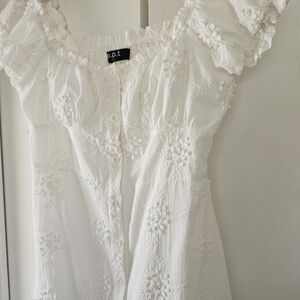 o.p.t. Isabelle Bianco Flower White Romantic Cotton Embroidered Mini Dress Sz L